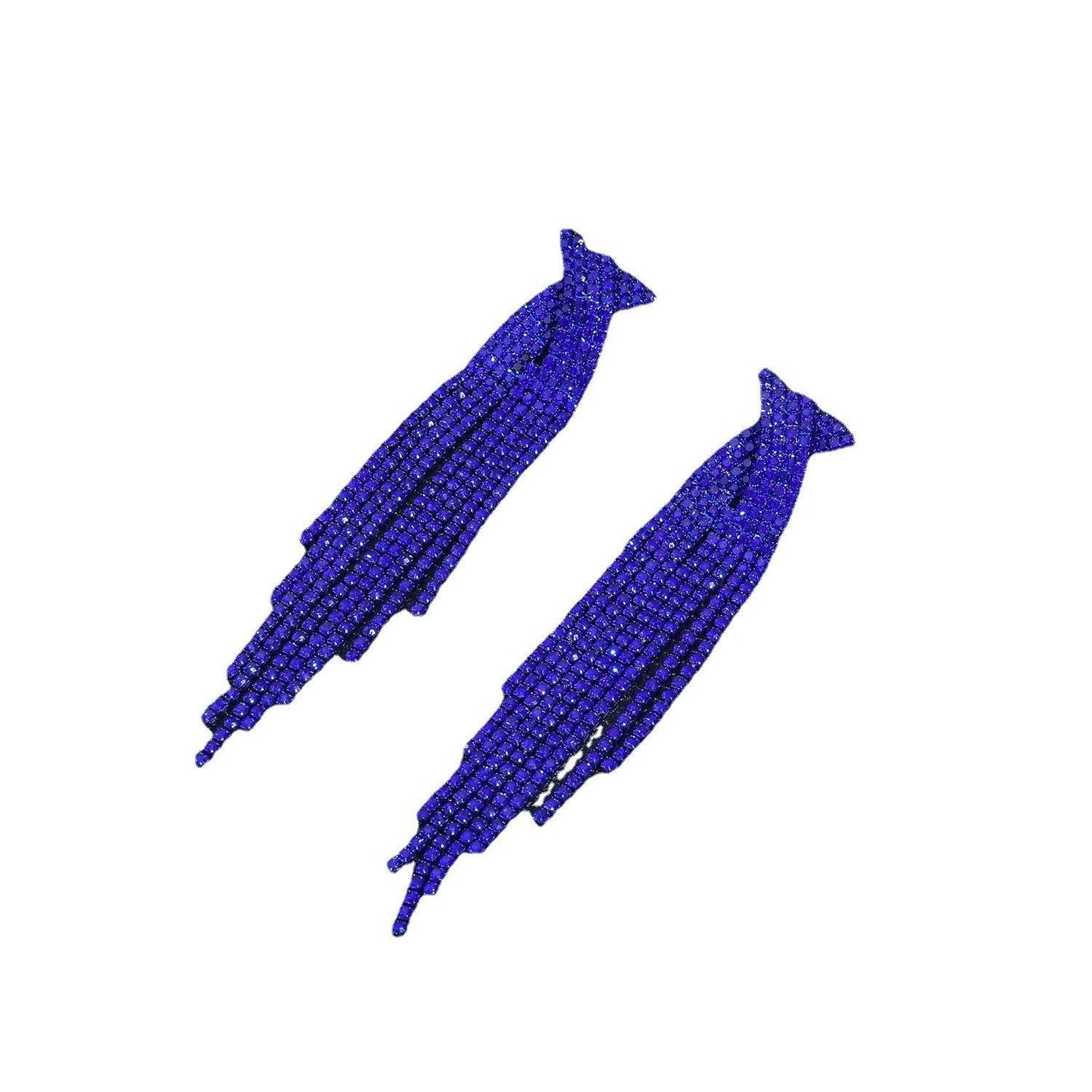 Semicircle Blue Tassel Rhinestone Long Ear Earrings