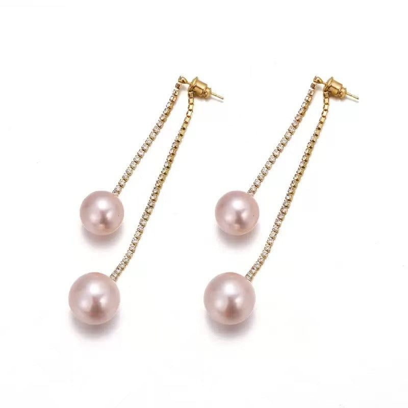 Fashion Trend Rhinestone Tassel Pearl Temperament Wild Face Slimming Earrings