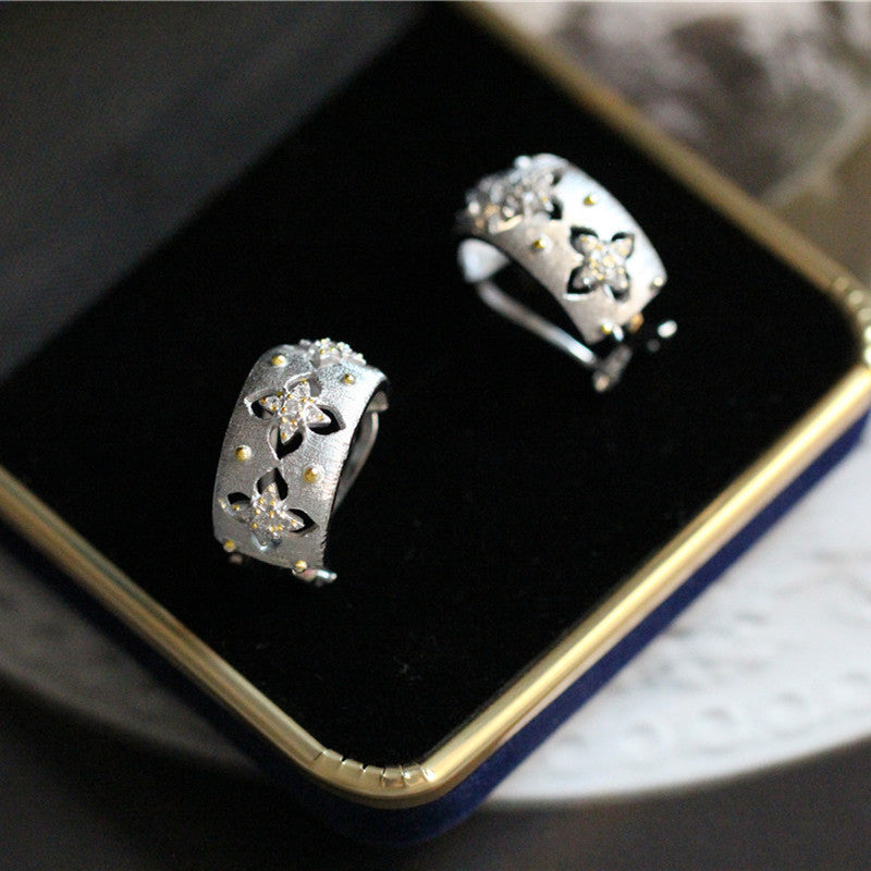 Handmade Brushed Palace Style Two-color Gold Craft Real Earrings