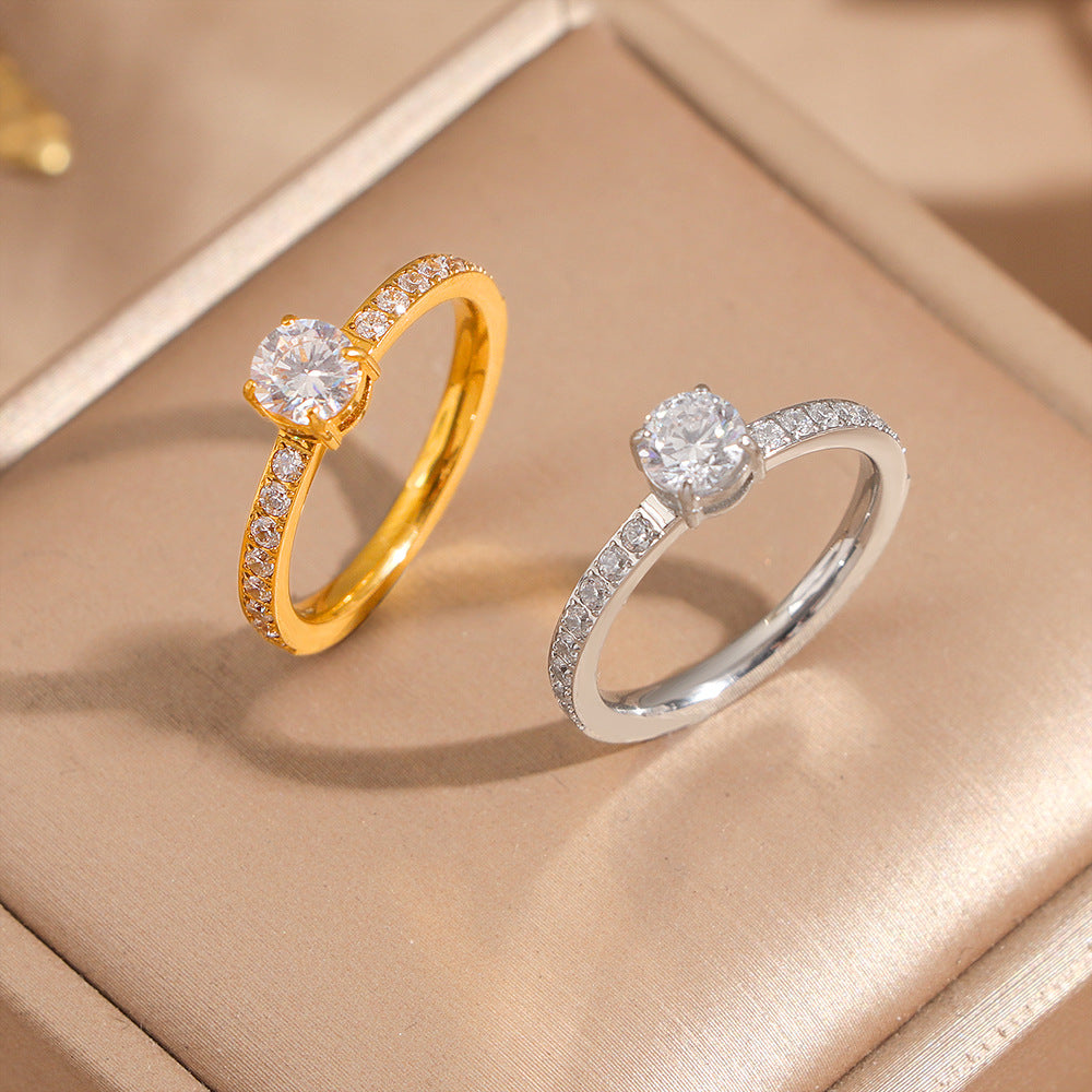 Women's & Men's Titanium Steel Gold-plated Female White Diamond Zircon Couple Proposal Rings