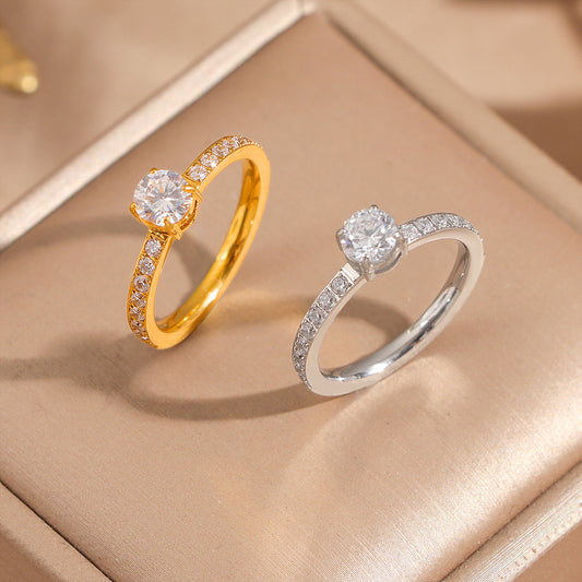 Women's & Men's Titanium Steel Gold-plated Female White Diamond Zircon Couple Proposal Rings