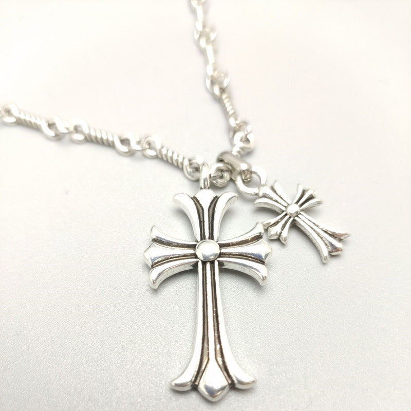 Sier Vintage Temperament Double Cross Couple Necklace