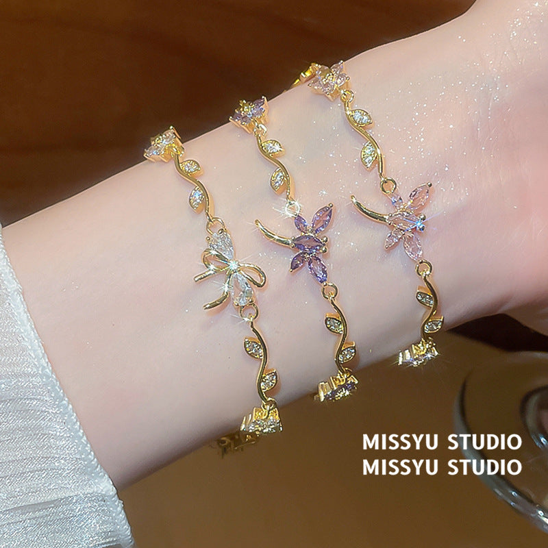 Lolita Sweet Gem Flower Dragonfly Light Luxury High-grade Zircon Real Bracelet