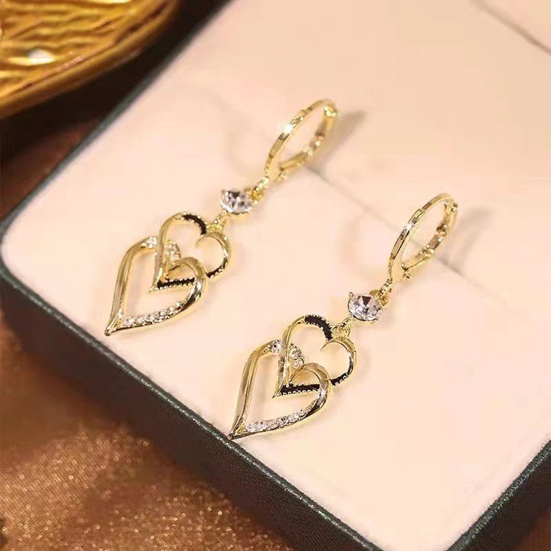 Double Love Heart Small Versatile Temperamental Fashionable Stud Earrings