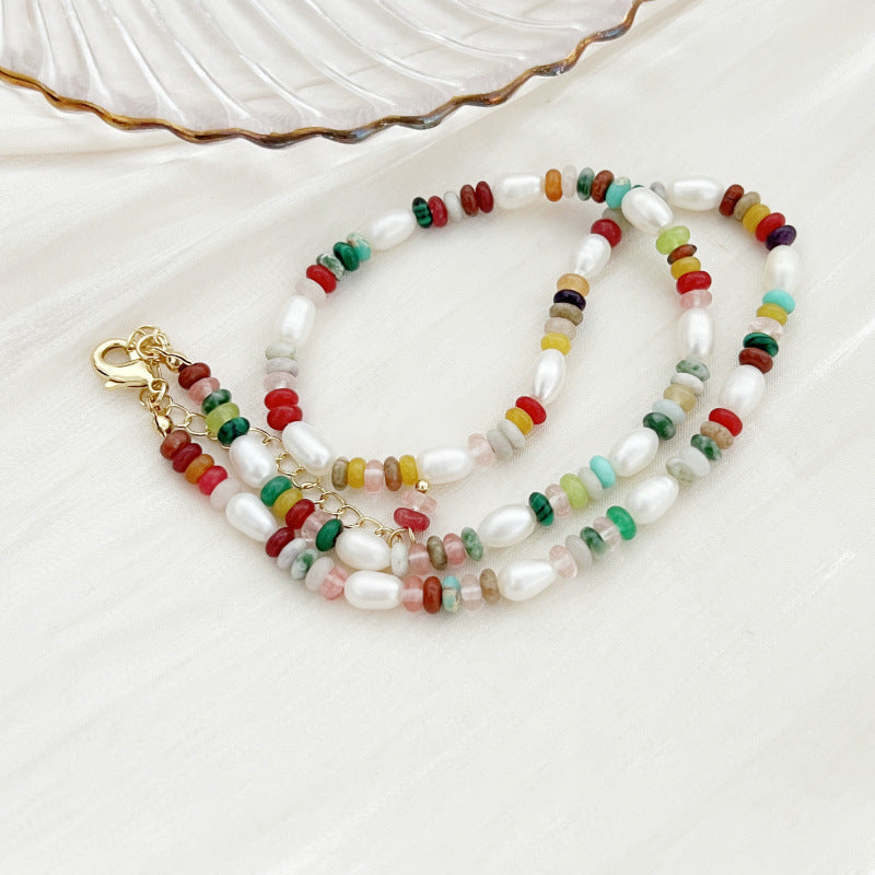 Women's Retro Colorful Stone Beaded Freshwater Pearl Elegant Light Bracelets