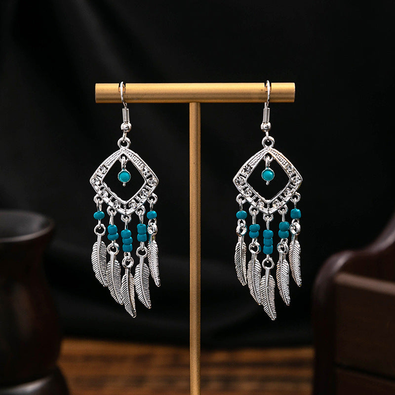 Miao Sier Colorful Long Feather Tassel Rings