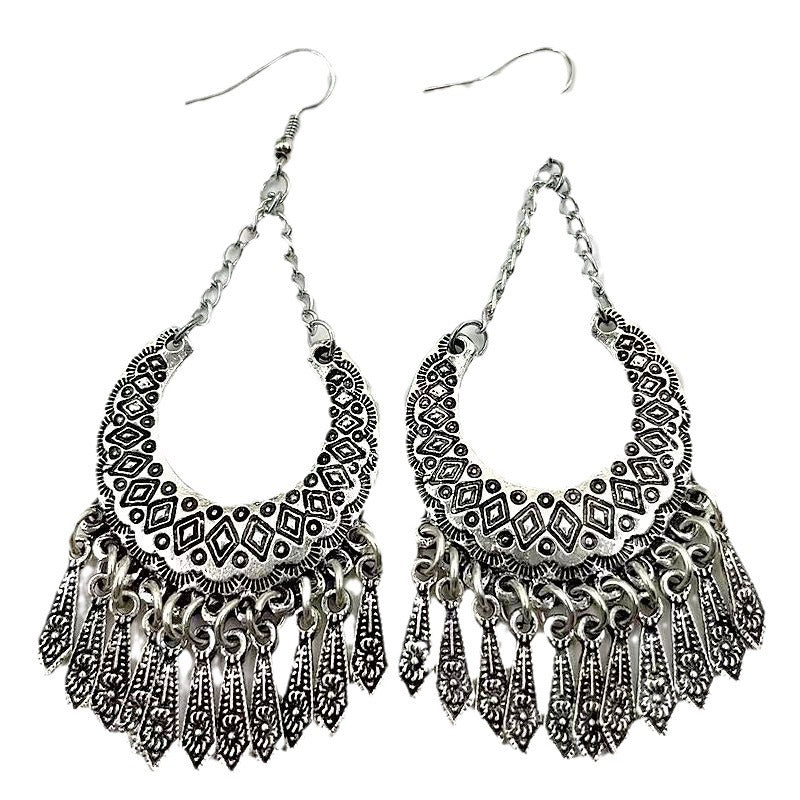 Bohemian Hollow Moon Carved Long Fringe Ear Hook