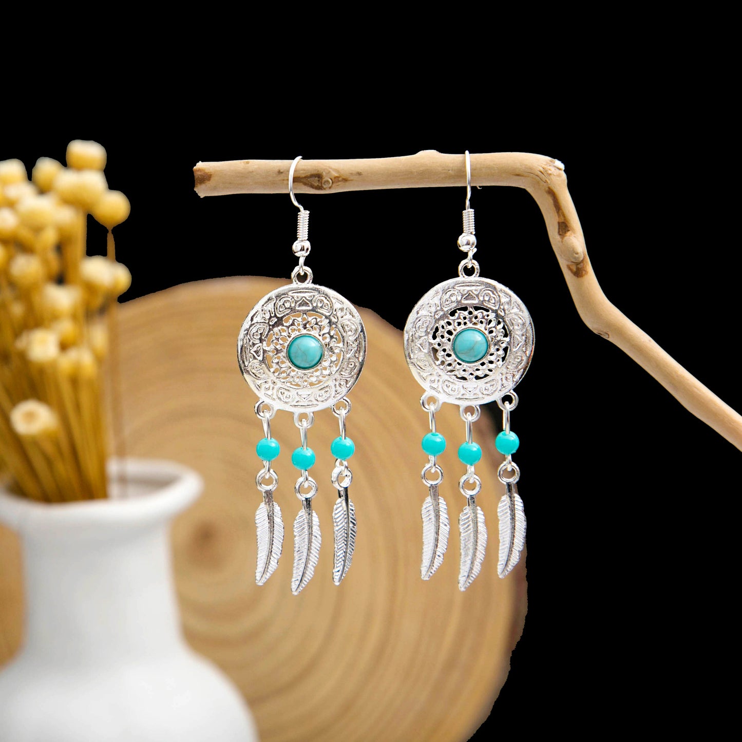 Miao Sier Colorful Long Feather Tassel Rings