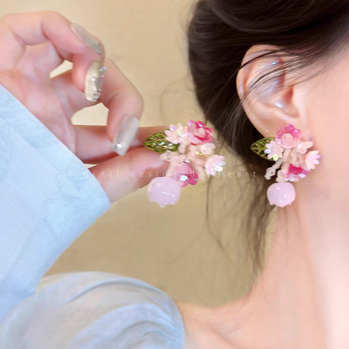 Dopamine Beaded Flower Bud Mori Sweet Artistic Temperament Stud Earrings
