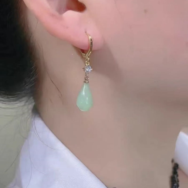 Chinese Style Green Magnolia Water Drop Tassel Antique Fashionable Stud Earrings