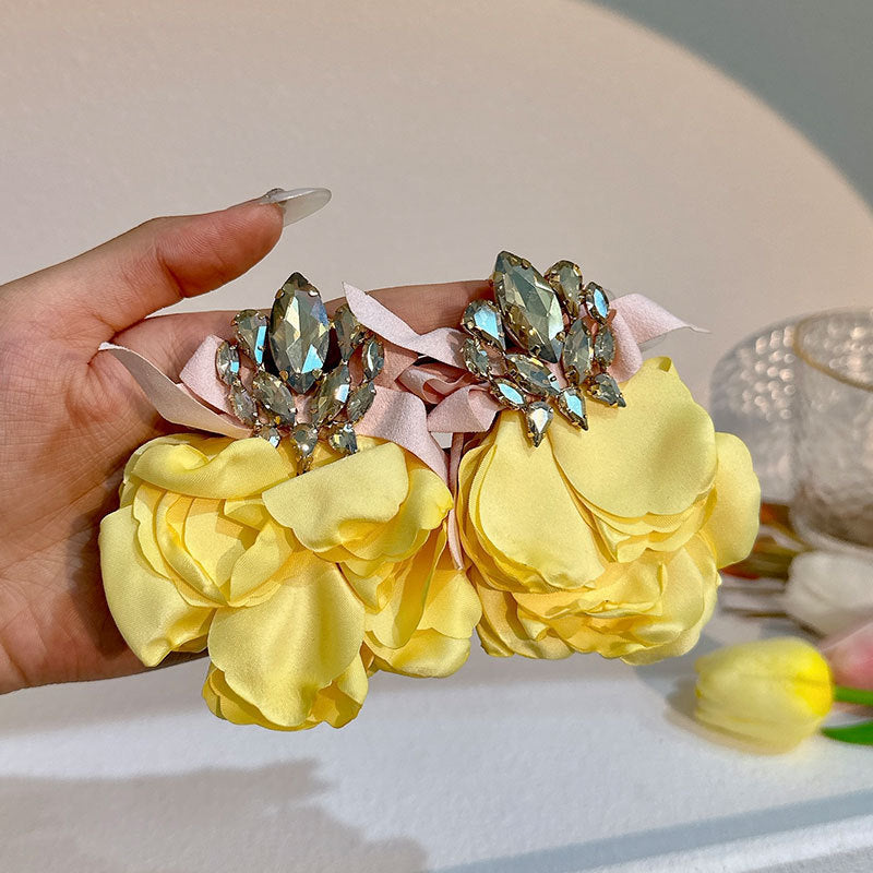 Handmade Fabric Crystal Flower Fashion Exaggerating Eardrops Earrings