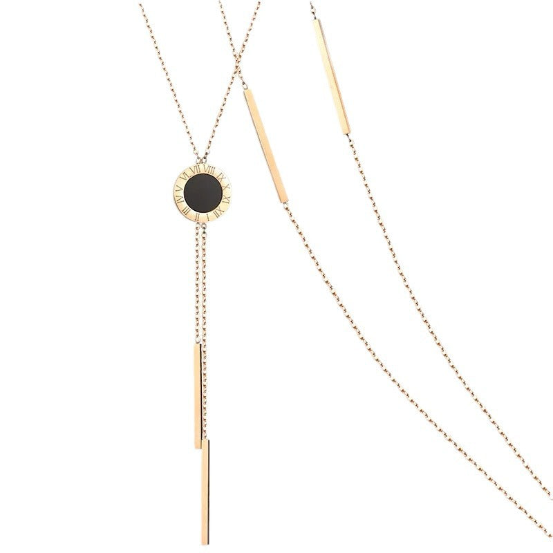 Geometric Wafer Roman Numerals Long Tassel Necklace