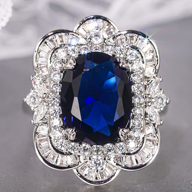 Style Dignified Flowers Rose Female Imitation Sapphire Oval Rings