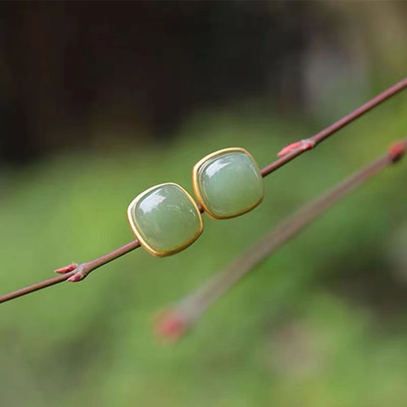 Style Natural Jade Green Square Simple Stud Earrings