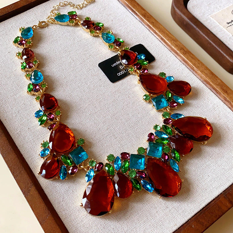 Style Turquoise Blue Diamond Flower Ear Light Luxury Minority Clavicle Necklaces