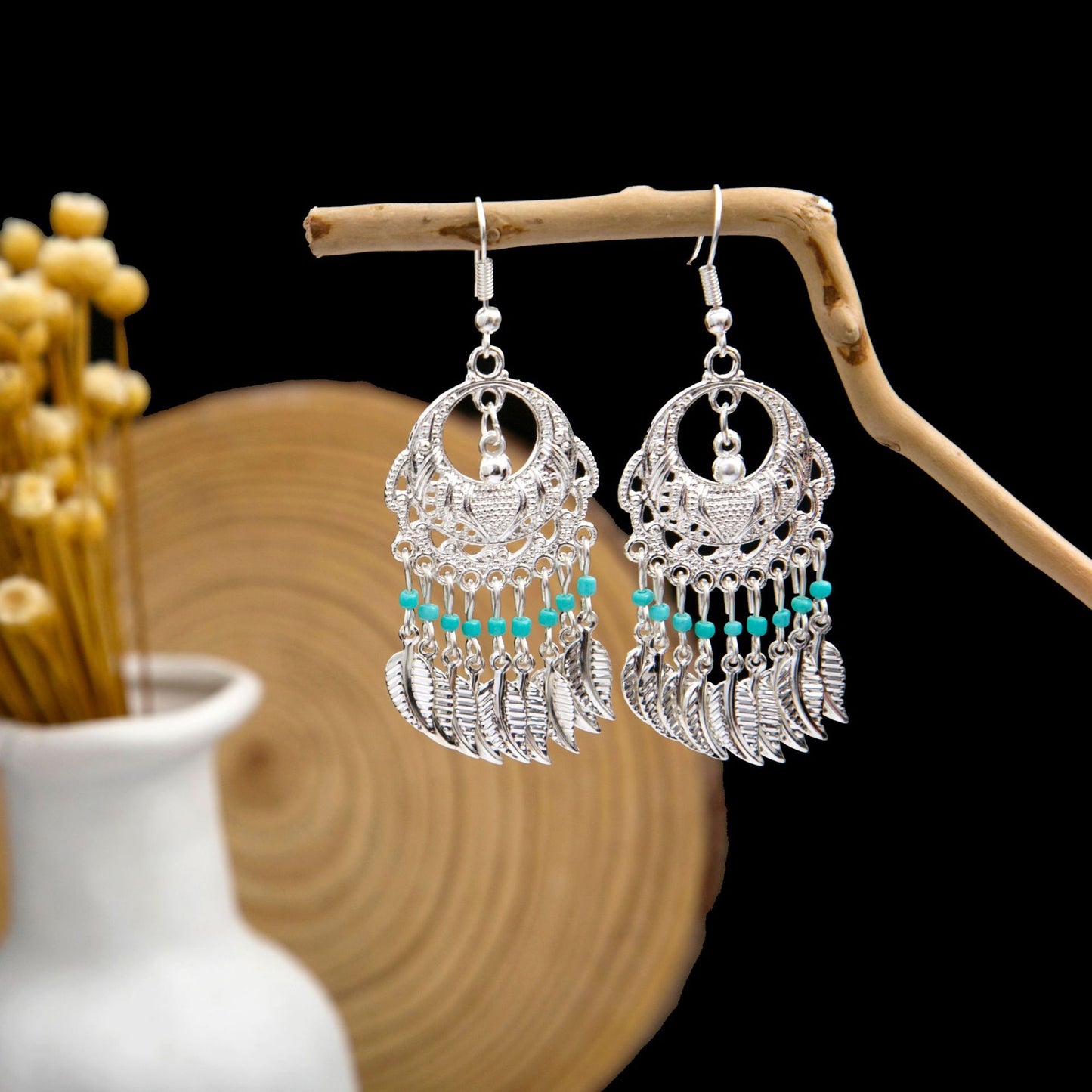 Miao Sier Colorful Long Feather Tassel Rings