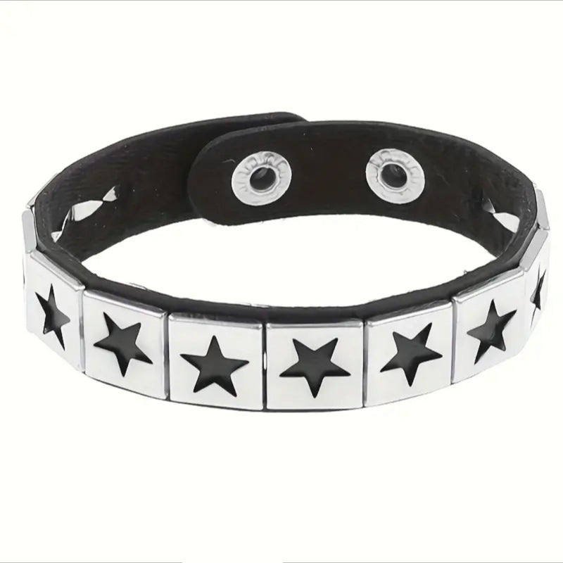 Men's Fashion Five-pointed Star Leather Hip Hop Cool Bracelet
