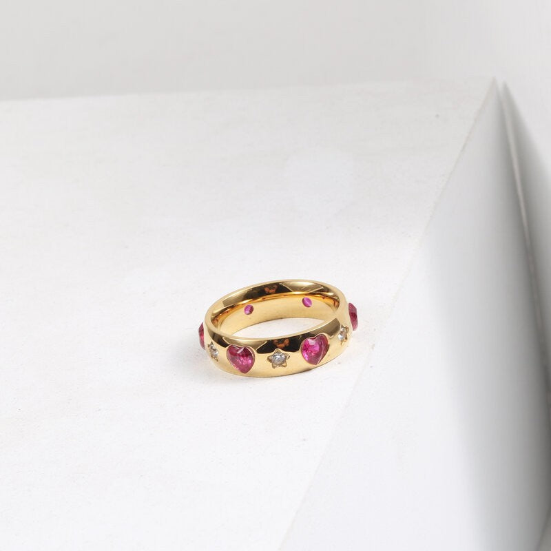 Circle Red Heart Zircon Titanium Steel Gold Ring
