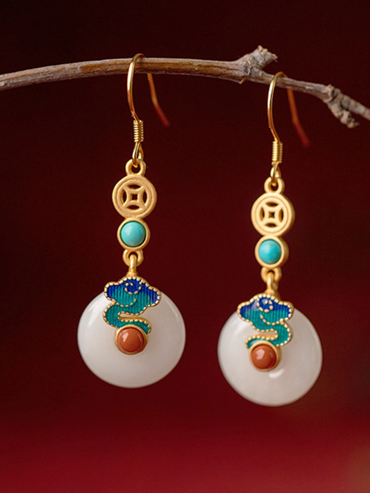 Jade Copper Coin Ear Hook Enamel Ancient Earrings