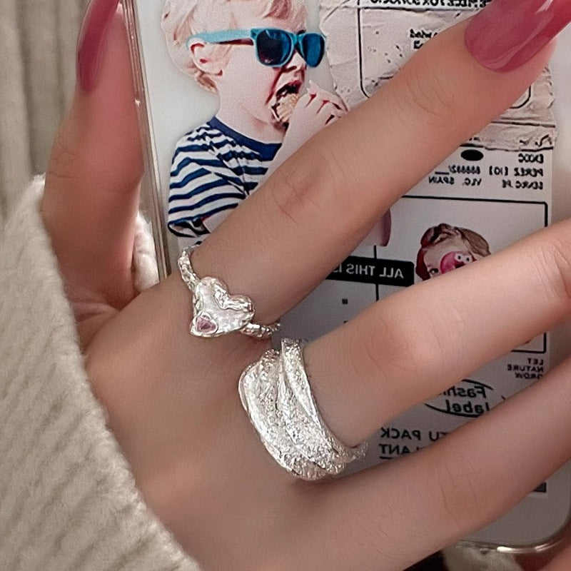 Geometric Lava Irregular Female Sweet Loving Heart Twin Temperament Ring