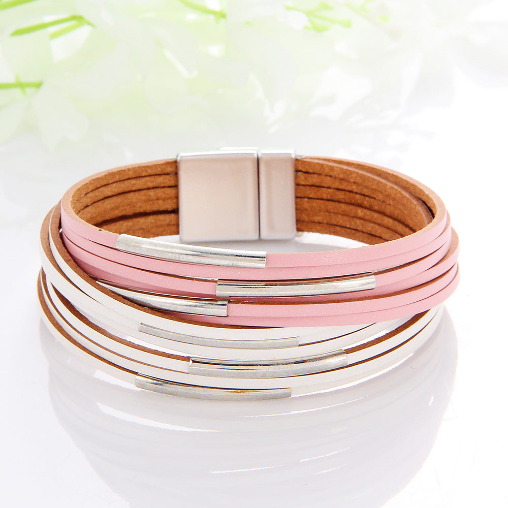 Women's Wide Brim Magnetic Snap Leather Fashion Bracelets