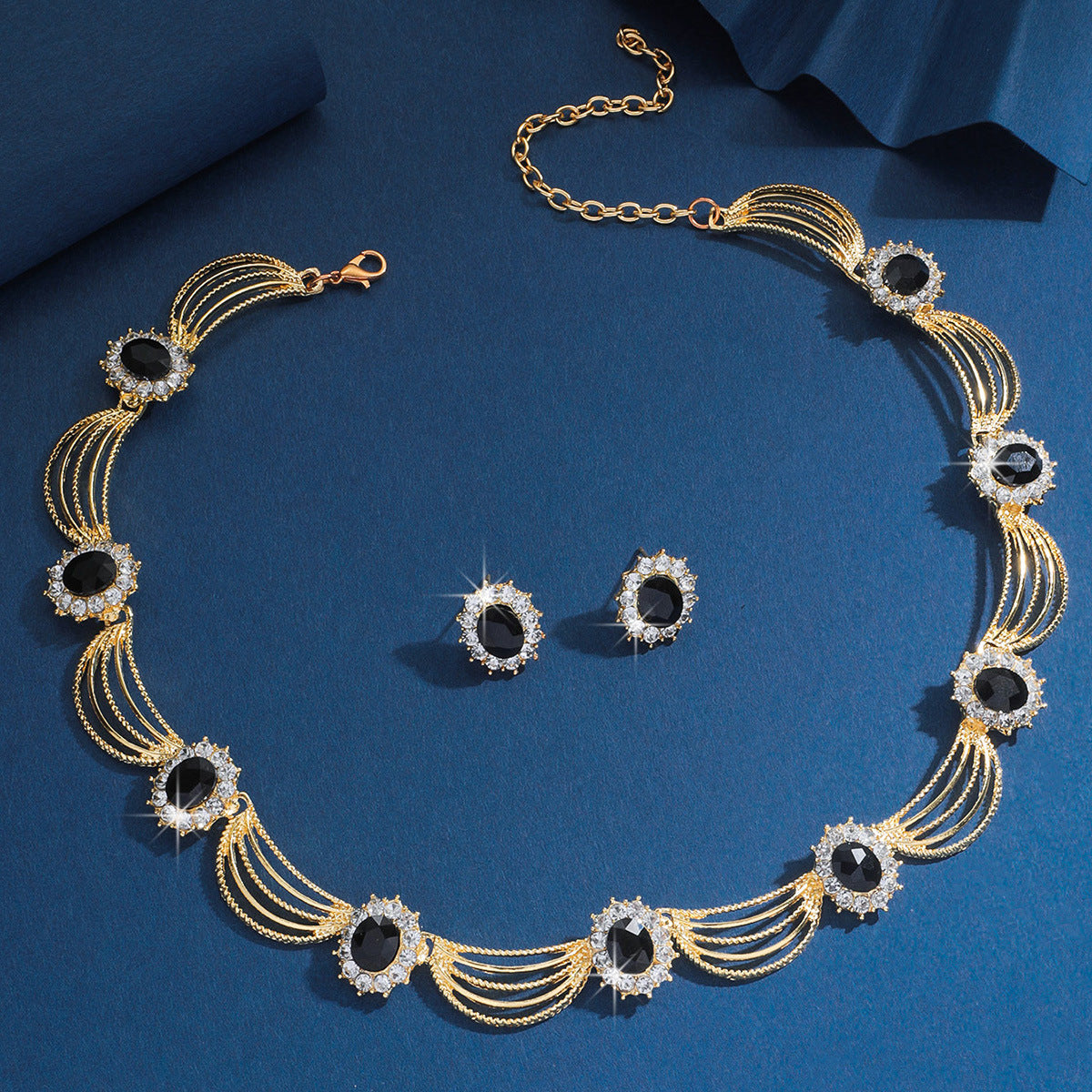 Black Onyx Ear Light Luxury Elegant Clavicle Jewelry Set