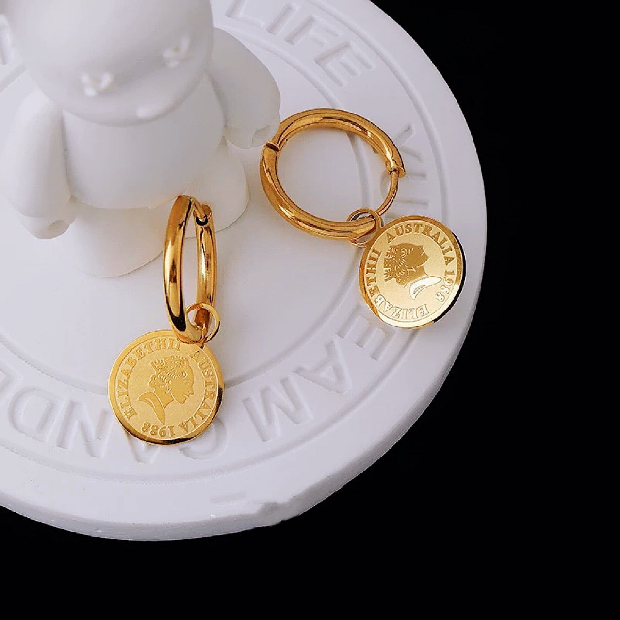 Rose Flower Square Portrait Elizabeth Gold Coin Titanium Steel Earrings
