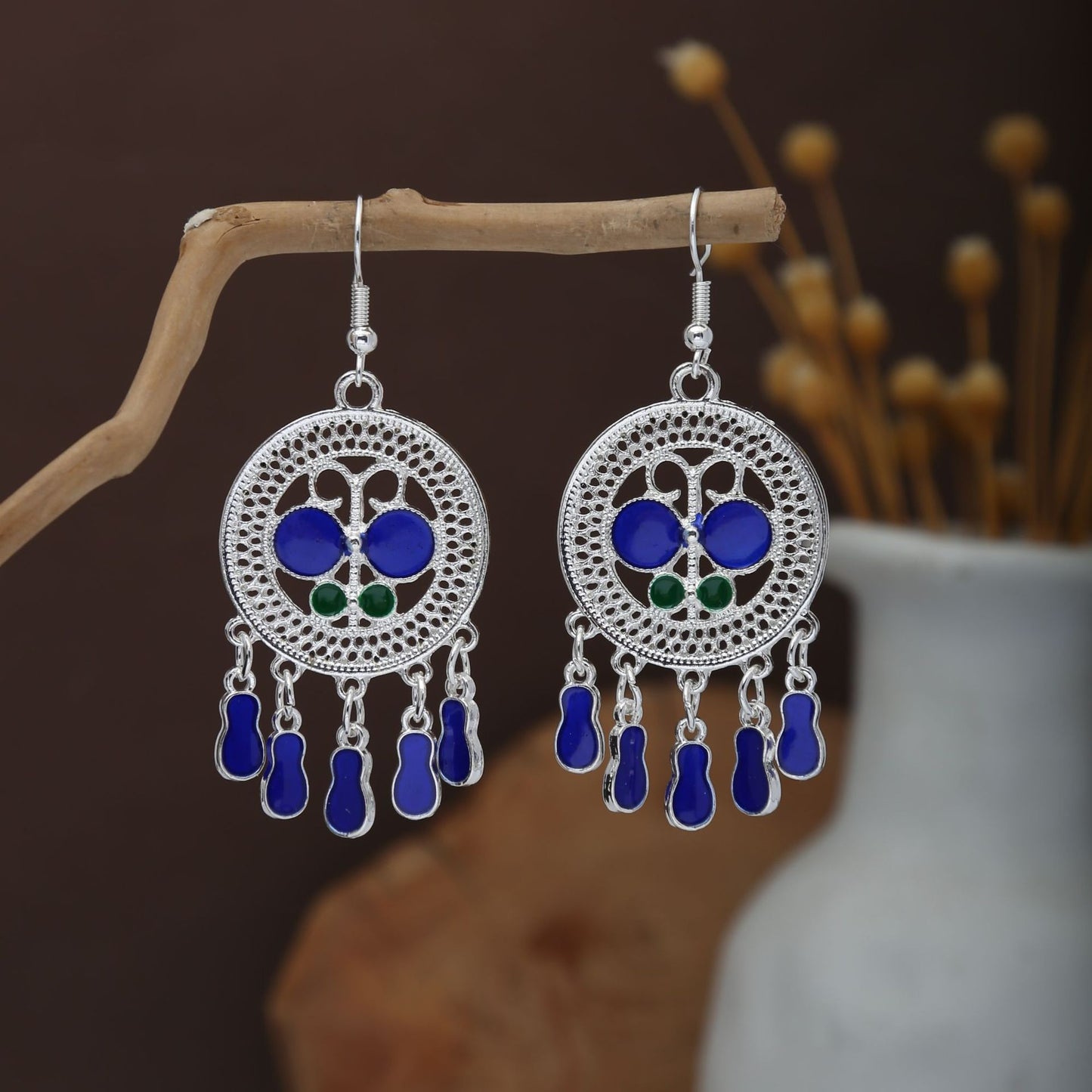 Miao Sier Colorful Long Feather Tassel Rings