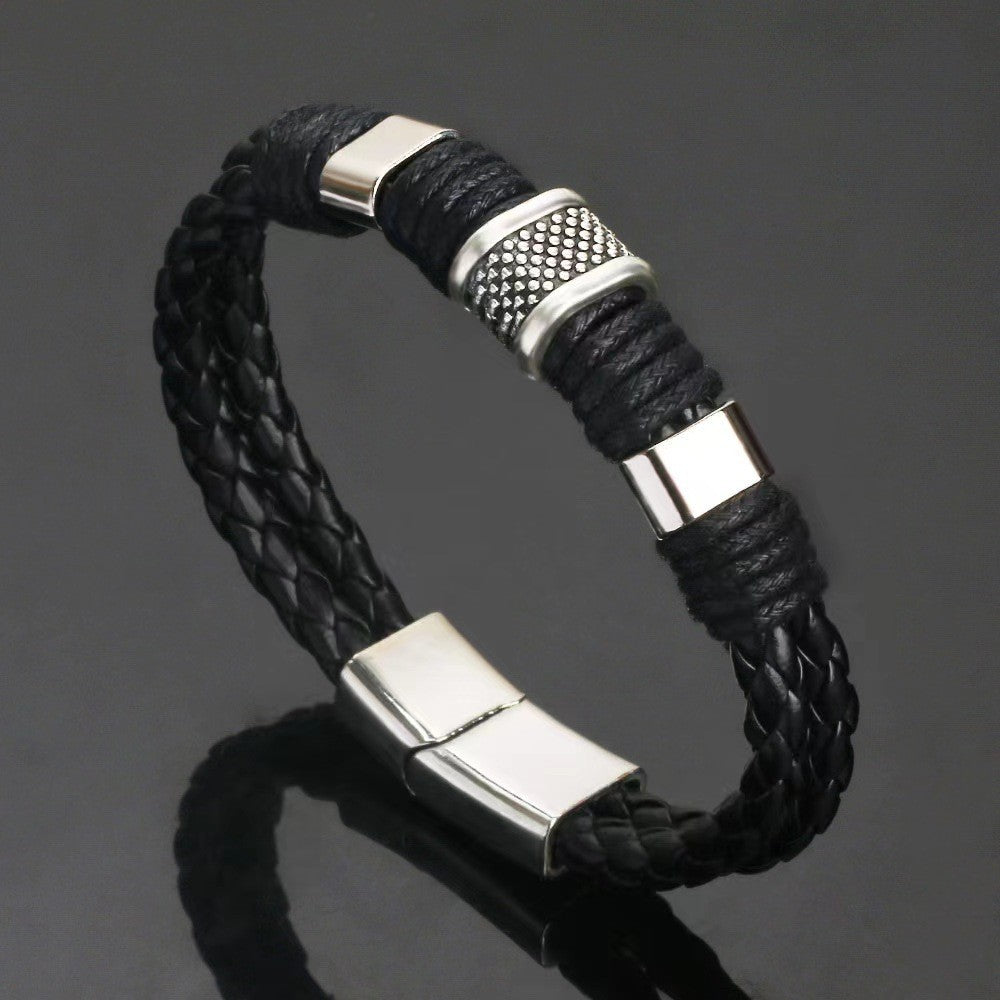 Men's Weaving Leather Stainless Steel Magnetic Buckle Bracelet