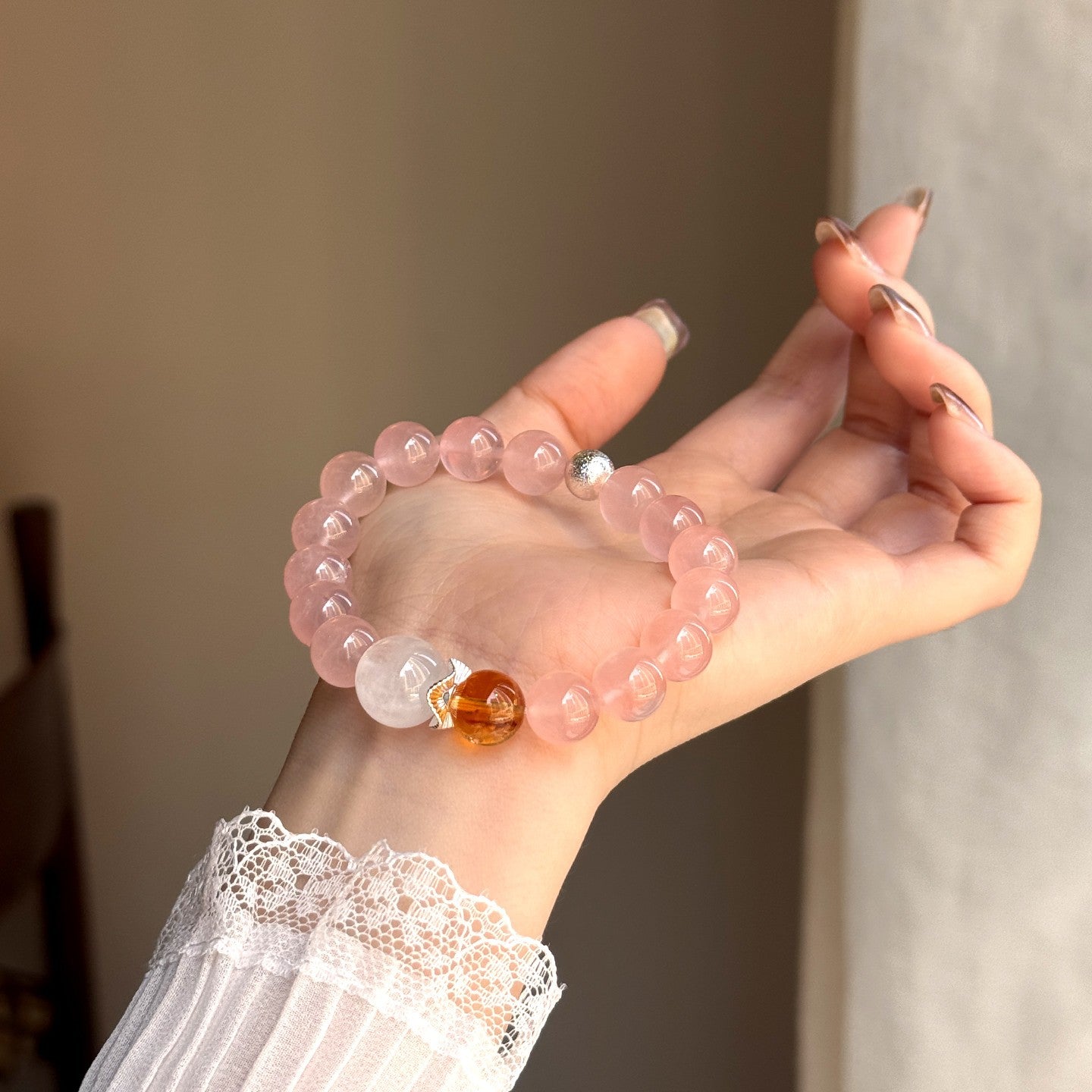 Blossom Natural Crystal Strawberry Pink White Square Bracelet