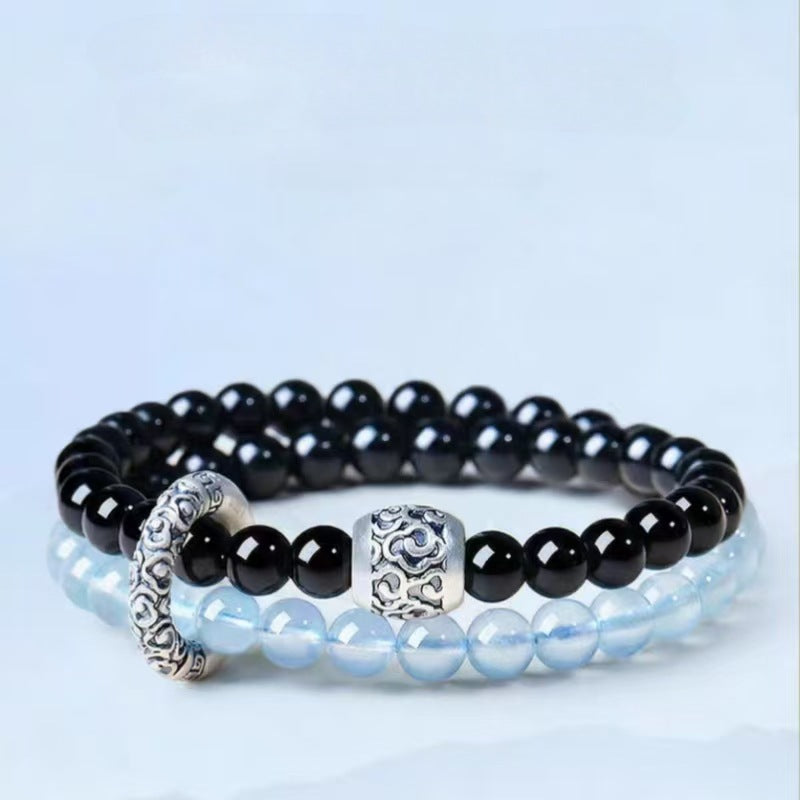 Women's & Men's Obsidian Aquamarine Double Crystal Lucky Beads Bracelets