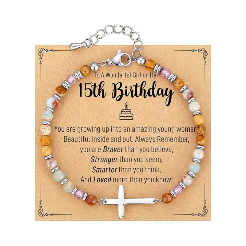 Women's Natural Stone Beaded Cross Lobster Buckle Adjustable Band Bracelet
