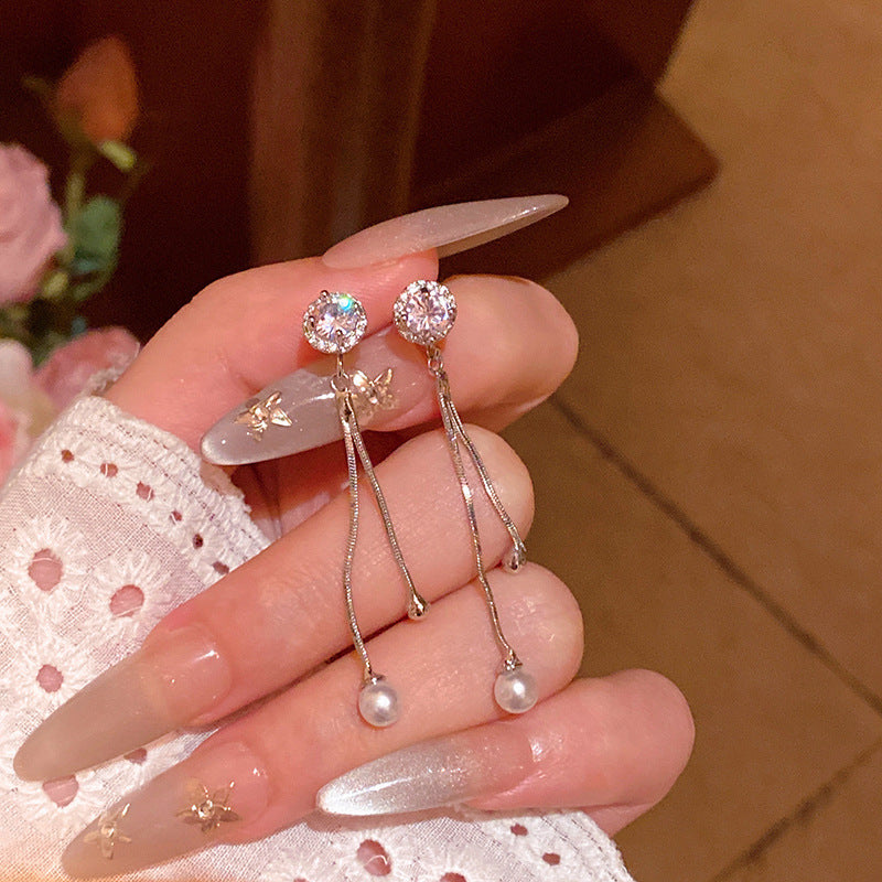 Sier Needle Zircon Pearl Advanced Fashion Bowknot Retro Earrings