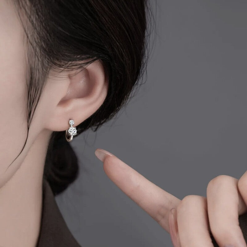 Sier Moissanite Ear Clip Double Diamond Light Luxury Noble Classic Stud Earrings