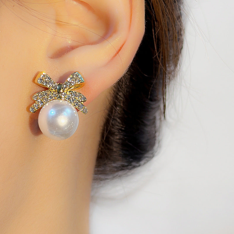 Women's Bowknot Pearl With Diamonds Temperament Wild Niche Design Stud Earrings