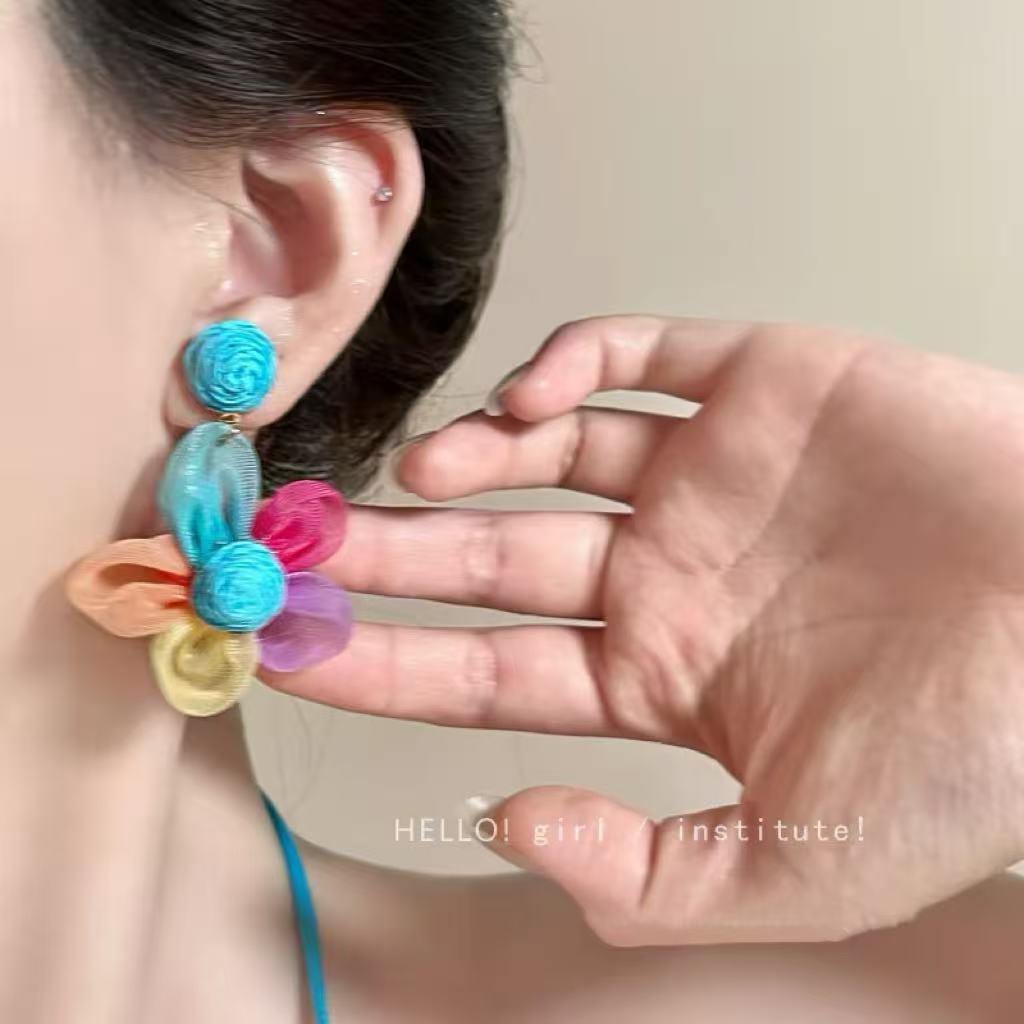 Women's Super Fairy Dopamine Color Mesh Flower Tassel For Unique Beautiful Earrings