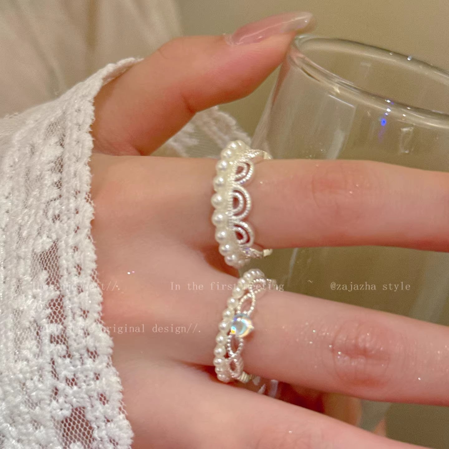 Women's Pearl Lace Open Exquisite Twin Fashion Minority Design Index Ring