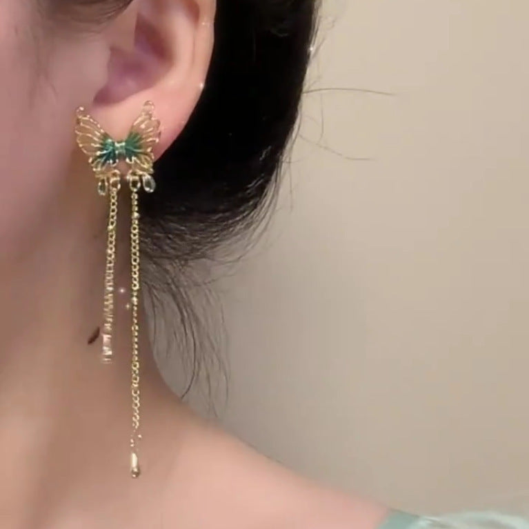 Chinese Retro Green Butterfly Tassel Electroplated Sier Needle Stud Earrings