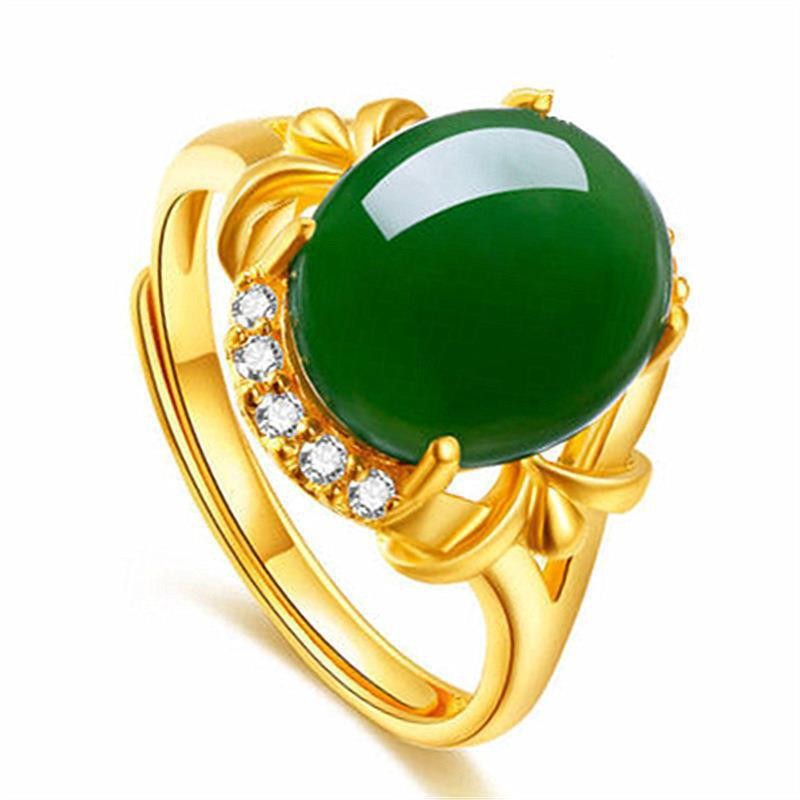 Ethnic Style Gold Plated Inlaid Imitation Jade With Green Chalcedony Rings