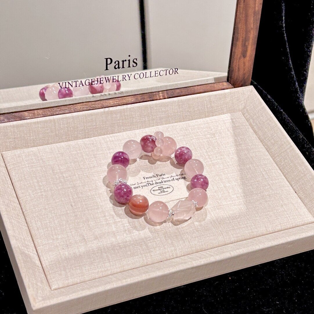 Blossom Natural Crystal Strawberry Pink White Square Bracelet