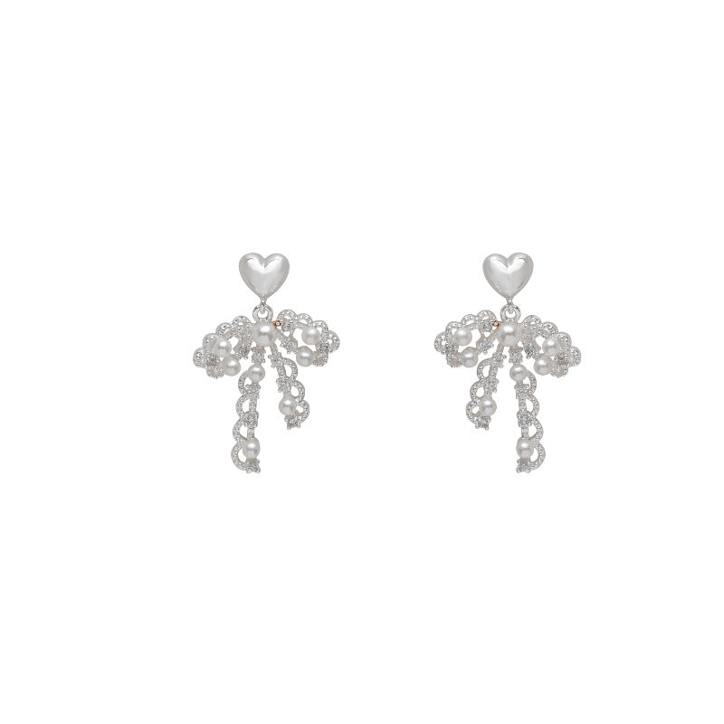 Lace Bow Pearl Female Sweet Light Luxury Minority Earrings