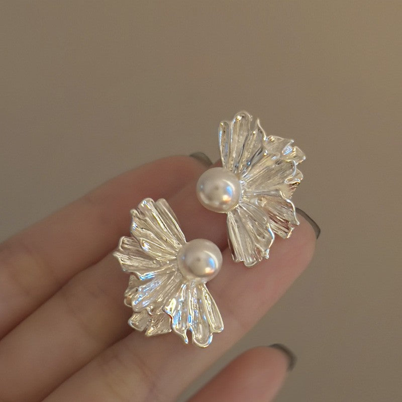 Pearl Irregular Fan Shaped Chinese Style High Sense Stud Earrings