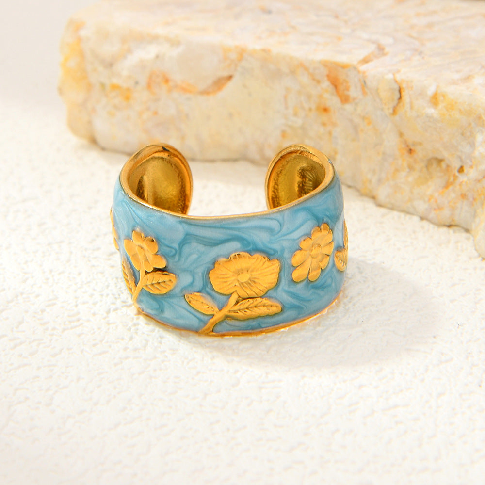 Titanium Steel Rose Oil Dripping Open Retro High-grade Flower Female Ring