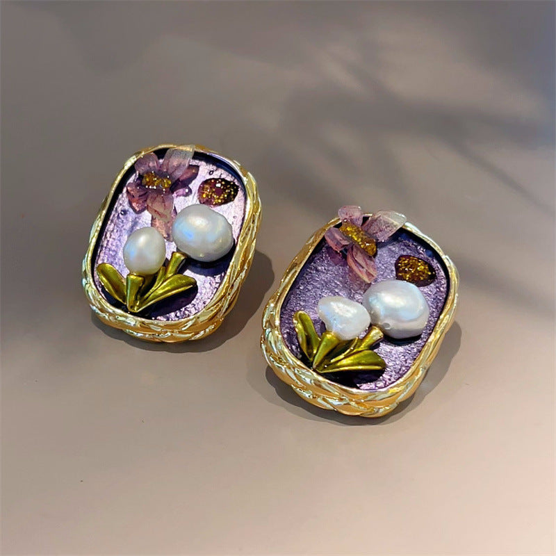 Jardin Monet Oil Painting Freshwater Pearl Flower Chinese Earrings