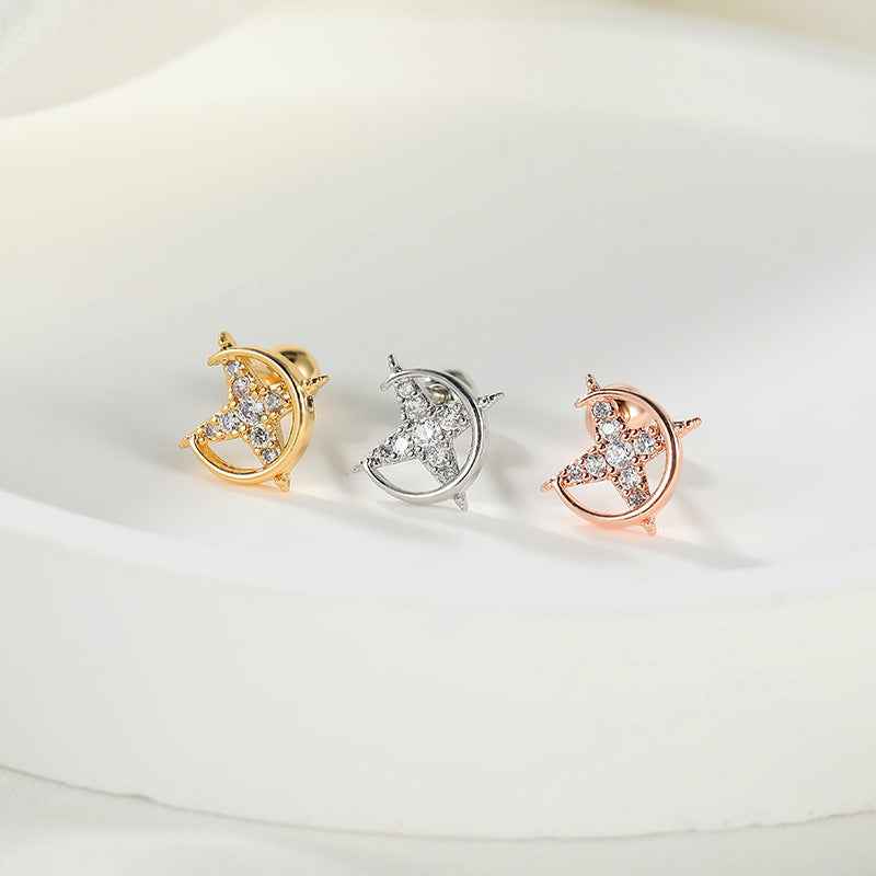 Fashion Lady Micro Inlaid Zircon Rose Gold Plating Star Moon Stud Earrings