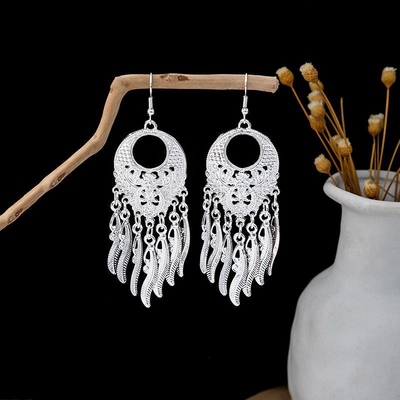 Imitation Sier Miao Minority Tourist Attractions Bohemian Exaggerated Long Leaves Earrings