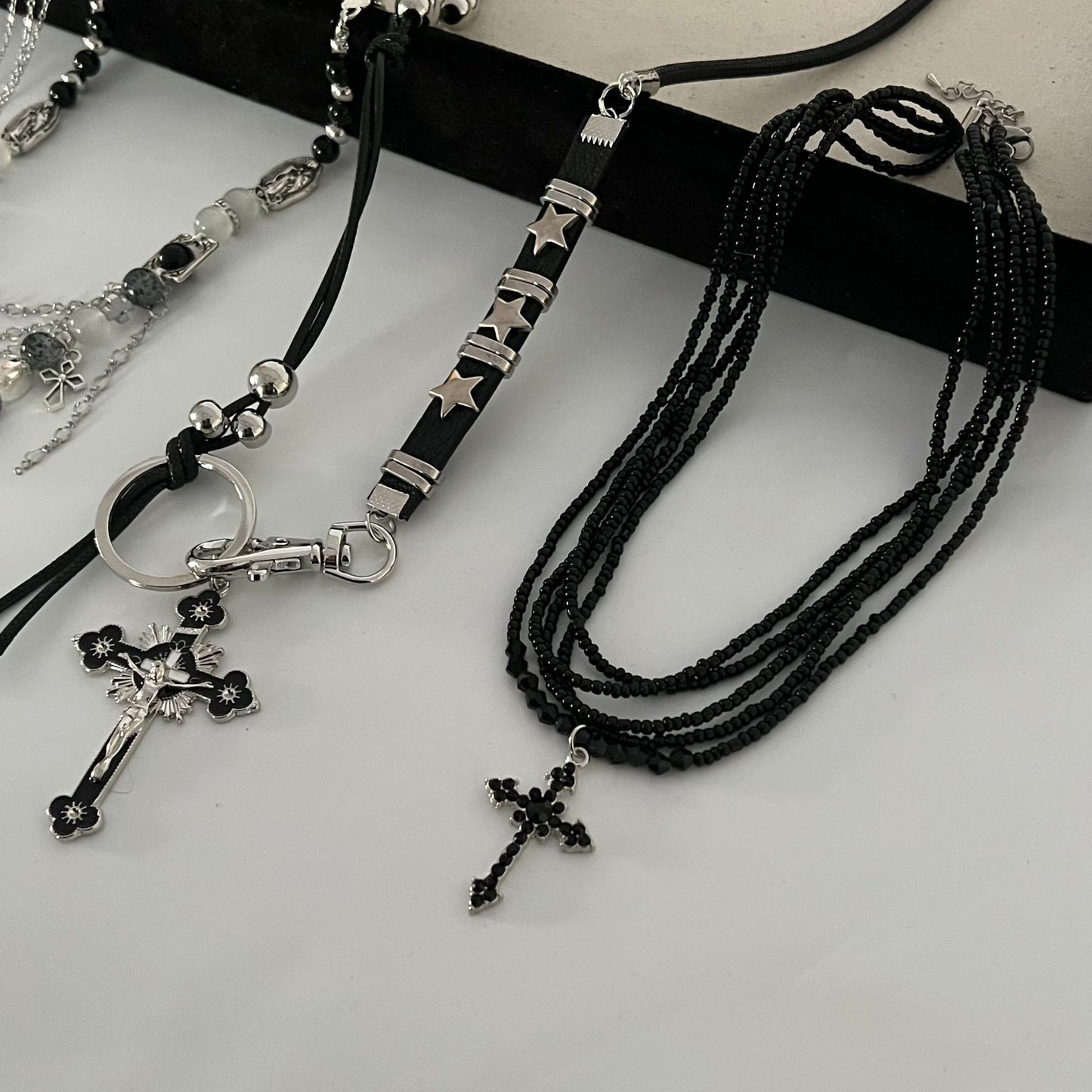 Cross Simple Vintage Design Dark Beaded Necklaces