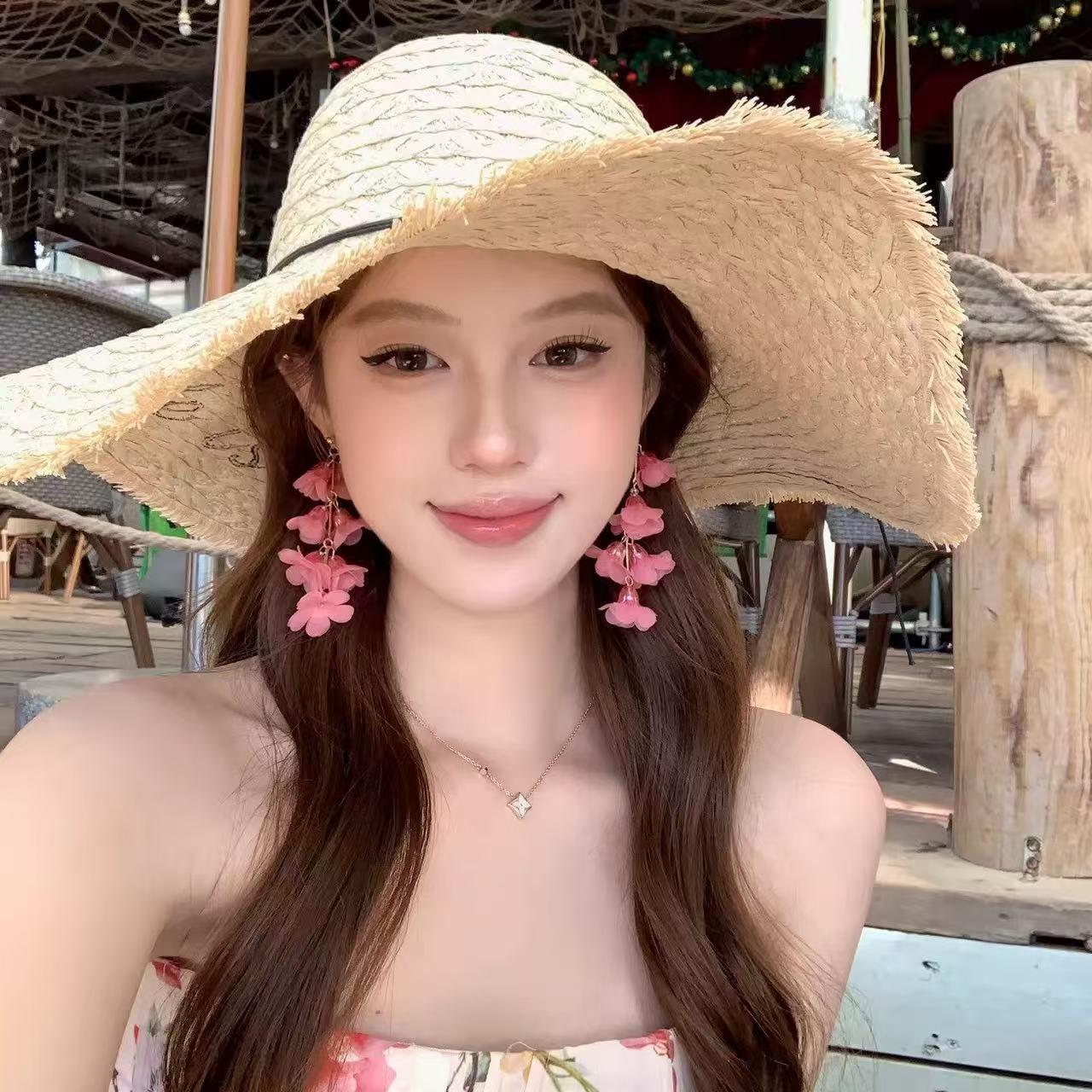 Pink Lily Tassel Unique High-key Eardrop Beautiful Seaside Vacation Earrings