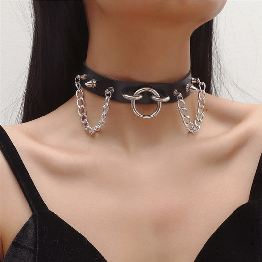 New Punk Leather Rivet Chain Clavicle Rings