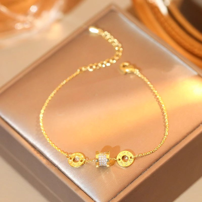 Full Diamond Shiny Small Waist Titanium Steel Gold Design Roman Bracelet